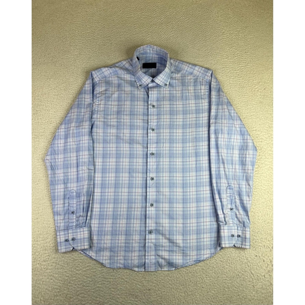 David Donahue Dress Shirt Mens Medium Blue Plaid Button Down Cotton Long Sleeve - Picture 1 of 9